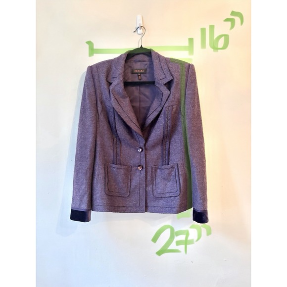 Escada Purple Skirt Suit Blazer Size 42 & 40 Virgin Wool & Crystal Buttons - Picture 7 of 10